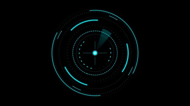 Futuristic blue radar interface spinning and scanning dark digital cyberspace with glowing circles