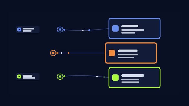 Animated conceptual scene showing division of work splitting tasks, drawn as a minimal vector metaphor in a modern dark mode style with neon blue and azure accents and placeholder cards. Smooth 4K sea
