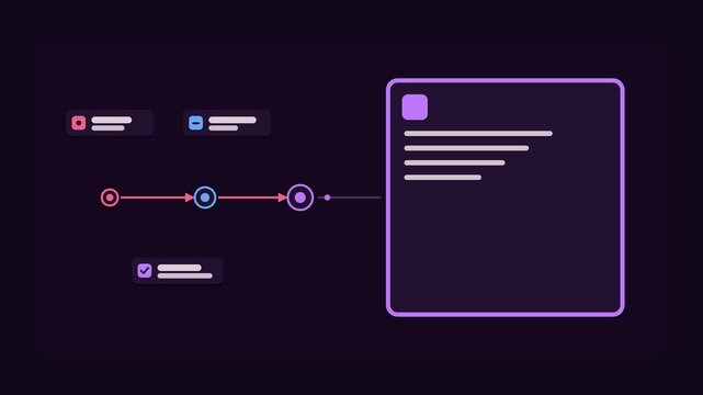Seamless 4K looping animation of an abstract business metaphor: scaling up small block expanding. Flat vector shapes, glowing blue and azure details and dark interface cards with blank text placeholde