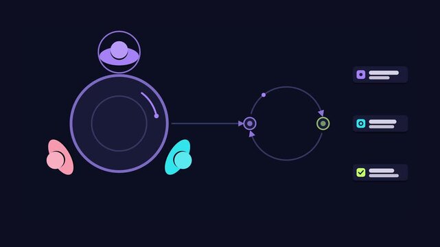 Animated conceptual scene showing team meeting around round table, drawn as a minimal vector metaphor in a modern dark mode style with neon blue and azure accents and placeholder cards. Smooth 4K seam