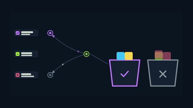 Animated conceptual scene showing decluttering keeping only what matters, drawn as a minimal vector metaphor in a modern dark mode style with neon blue and azure accents and placeholder cards. Smooth 