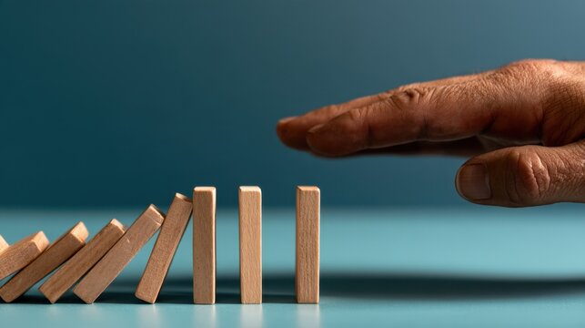 Hand stopping falling wooden blocks in sequence symbolizing prevention of chain reaction and control of domino effect with blue background