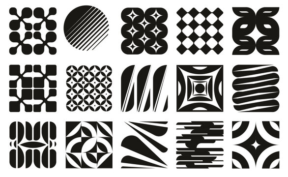 Y2K brutalist geometric shapes in black and white. Retro pattern set featuring circles, squares, and wavy lines. Vector illustration.