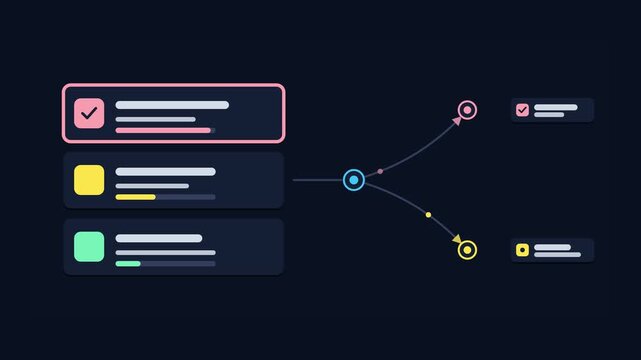 Animated conceptual scene showing setting priorities reordering task cards, drawn as a minimal vector metaphor in a modern dark mode style with neon blue and azure accents and placeholder cards. Smoot