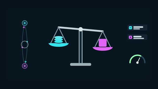 Seamless 4K looping animation of an abstract business metaphor: weighing the options balancing scale. Flat vector shapes, glowing blue and azure details and dark interface cards with blank text placeh