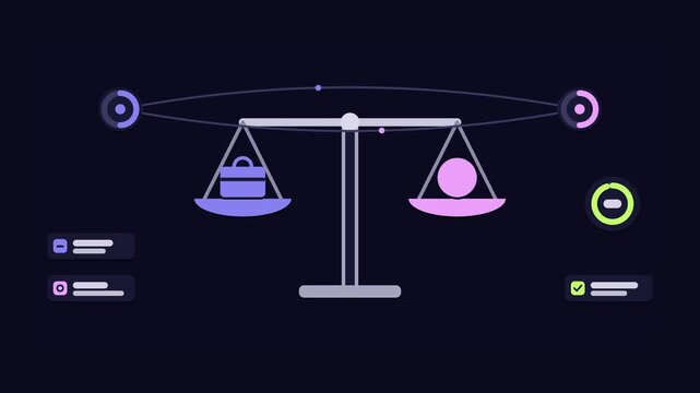 Seamless 4K looping animation of an abstract business metaphor: work life balance scale equalizing. Flat vector shapes, glowing blue and azure details and dark interface cards with blank text placehol