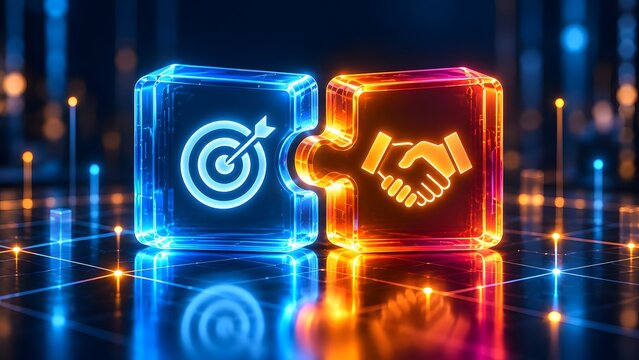 Interlocking glowing tiles with target and handshake icons representing strategic business partnerships and aligned corporate goals