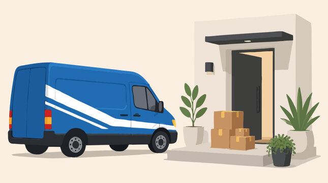 Blue delivery van parked beside a modern white house entrance where cardboard parcels rest on the front step, flat vector illustration about home delivery and e-commerce shipping