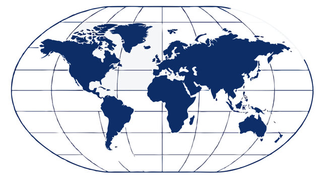 Continents filled in deep navy inside an oval globe grid of meridian arcs and parallels, a flat atlas-style sketch for planning journeys and studying geography