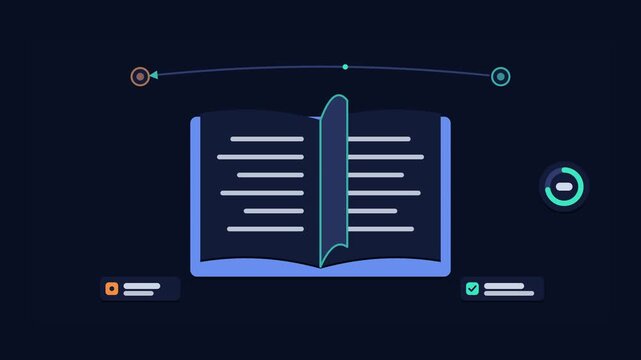 Animated conceptual scene showing reading a book turning pages, drawn as a minimal vector metaphor in a modern dark mode style with neon blue and azure accents and placeholder cards. Smooth 4K seamles