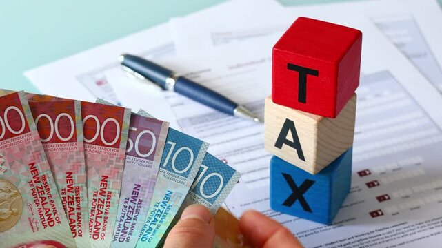 New Zealand taxes. Individual Tax Return. Business and financial concept. Counting money, an IR3 tax form awaiting completion, and wooden blocks in New Zealand colors bearing the word "tax." Closeup.