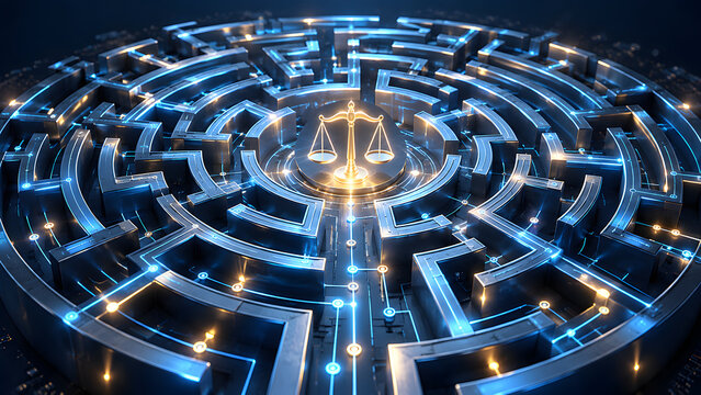 Glowing scales of justice hologram at the center of a high tech futuristic digital maze representing complex cyber law