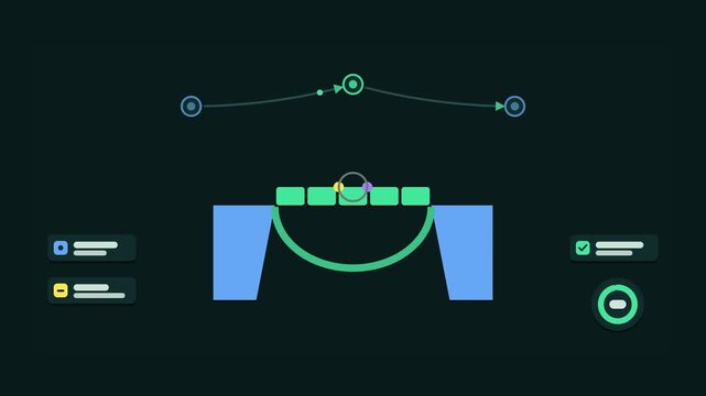 Animated conceptual scene showing building trust bridge connecting shores, drawn as a minimal vector metaphor in a modern dark mode style with neon blue and azure accents and placeholder cards. Smooth