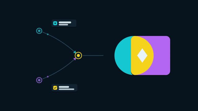 Animated conceptual scene showing combining two ideas forming third, drawn as a minimal vector metaphor in a modern dark mode style with neon teal and turquoise accents and placeholder cards. Smooth 4