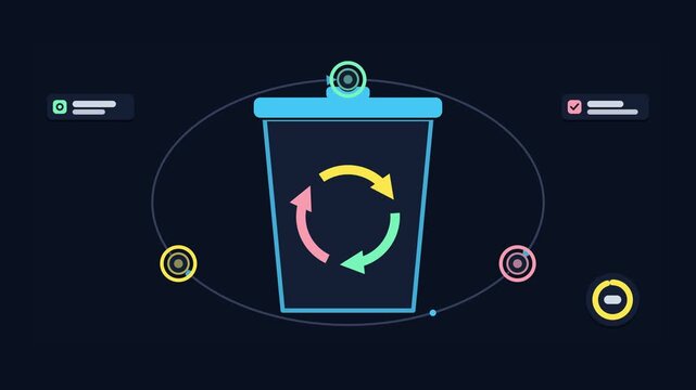 Animated conceptual scene showing reuse and recycle circular loop, drawn as a minimal vector metaphor in a modern dark mode style with neon blue and azure accents and placeholder cards. Smooth 4K seam