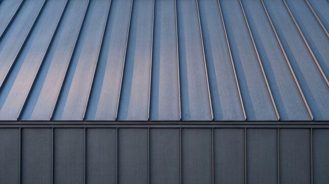 Gray standing seam metal roof above steel wall cladding