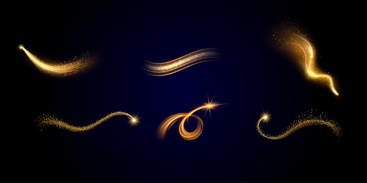 Golden Glitter Light Trails and Magical Sparkling Swirls Collection on Dark Background