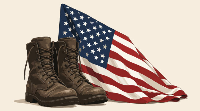 Pair of worn brown leather military combat boots with laced tops and treaded soles on a cream background, flat vector illustration about army service, duty and sacrifice