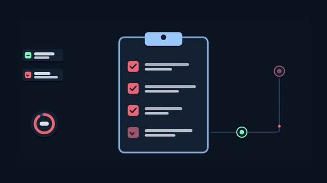 Seamless 4K looping animation of an abstract business metaphor: checklist before start ticking items. Flat vector shapes, glowing blue and azure details and dark interface cards with blank text placeh