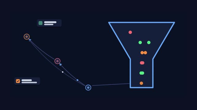 Seamless 4K looping animation of an abstract business metaphor: removing the bottleneck widening flow. Flat vector shapes, glowing blue and azure details and dark interface cards with blank text place