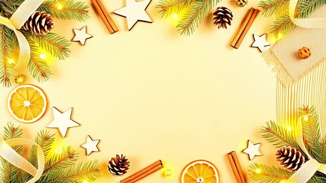 Festive Christmas frame with fir branches, pine cones, cinnamon, dried oranges, stars, and blinking lights.