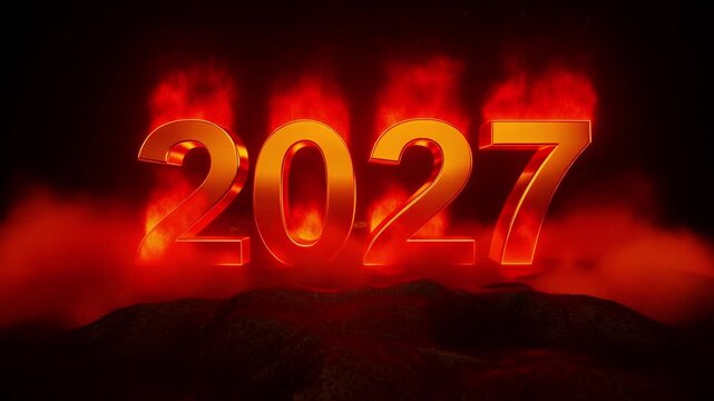 Fiery golden 2027 text emerges from a volcanic landscape with intense flames and glowing embers.