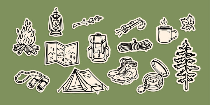 Hand-drawn camping and outdoor sticker collection featuring tents, backpacks, campfires, lanterns, trees, hiking boots, and navigation gear with bold outlines