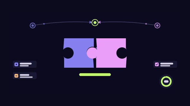 Seamless 4K looping animation of an abstract business metaphor: joint project puzzle pieces joining. Flat vector shapes, glowing blue and azure details and dark interface cards with blank text placeho