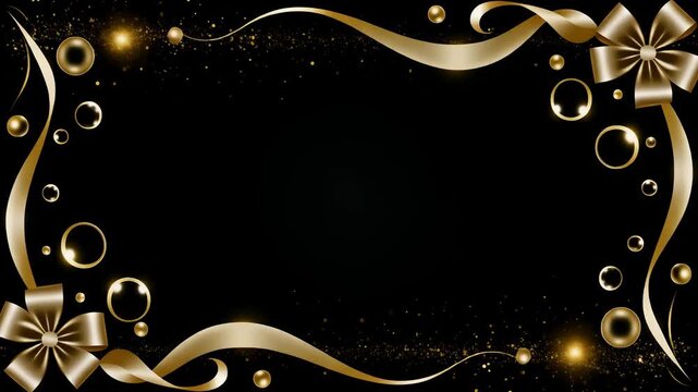Luxurious animated golden frame with elegant ribbons, bows, and sparkling glitter on a black background.