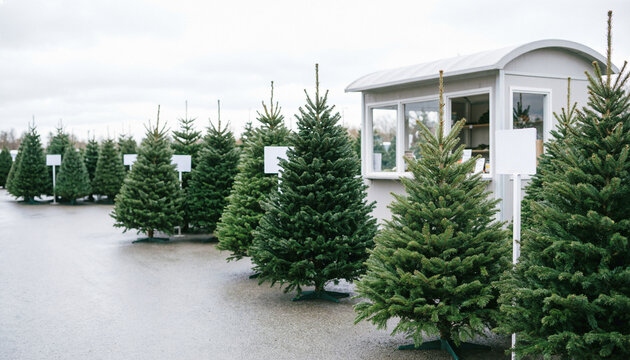 Christmas tree market with rows of fresh firs and blank price signs next to sales booth