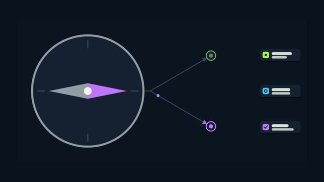 Seamless 4K looping animation of an abstract business metaphor: setting direction compass pointing forward. Flat vector shapes, glowing blue and azure details and dark interface cards with blank text 