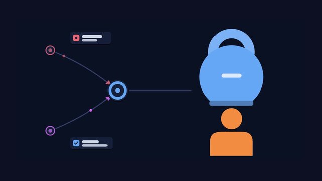 Seamless 4K looping animation of an abstract business metaphor: taking responsibility carrying heavy weight. Flat vector shapes, glowing blue and azure details and dark interface cards with blank text