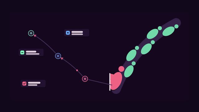 Seamless 4K looping animation of an abstract business metaphor: first step matters starting journey. Flat vector shapes, glowing purple and violet details and dark interface cards with blank text plac
