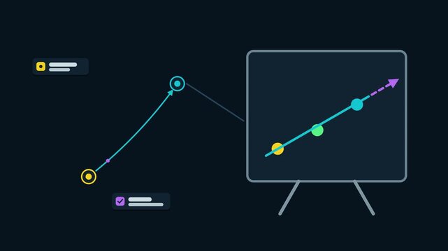 Seamless 4K looping animation of an abstract business metaphor: spotting the trend line rising. Flat vector shapes, glowing blue and azure details and dark interface cards with blank text placeholders