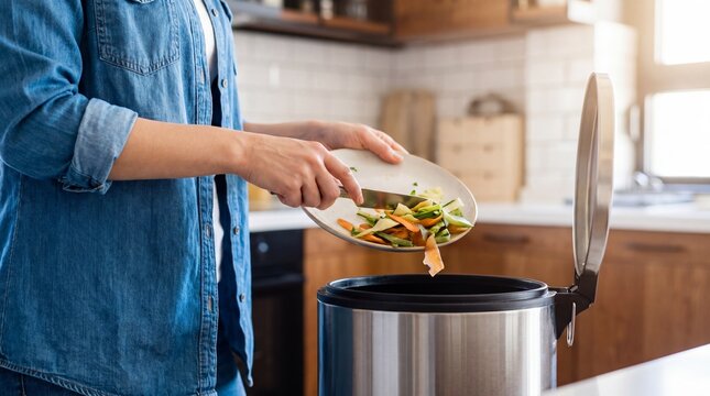 Person emptying vegetable scraps into kitchen compost bin. Food waste recycling and sustainable cooking. Composting at home reduces landfill waste. Eco friendly household habits.