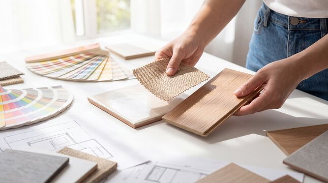 Person comparing wood, textile and tile samples at an interior design workspace. Home renovation planning and material selection. Interior decorating, color palette and floor design.