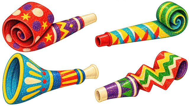 Colorful Party Blowers and Horns in Hand Drawn Style