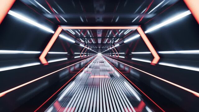 Futuristic scifi tunnel with orange neon lights and fast camera motion in sleek corridor.