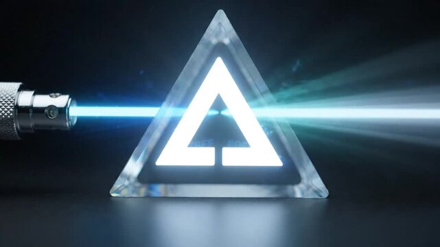 Prism refracts laser beam, revealing glowing triangle logo and abstract light effects
