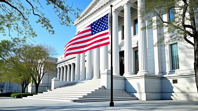 The American flag waves proudly before a majestic government building, symbolizing democracy and national identity.