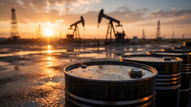 Oil pump jacks and barrels at sunset reflecting golden light on wet ground industrial oil extraction landscape at dusk