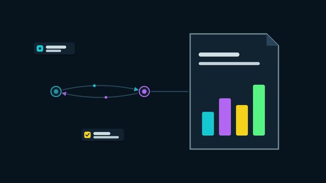Animated conceptual scene showing transparent reporting disclosing open data, drawn as a minimal vector metaphor in a modern dark mode style with neon blue and azure accents and placeholder cards. Smo