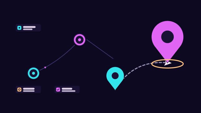 Animated conceptual scene showing travel for business route trip, drawn as a minimal vector metaphor in a modern dark mode style with neon purple and violet accents and placeholder cards. Smooth 4K se