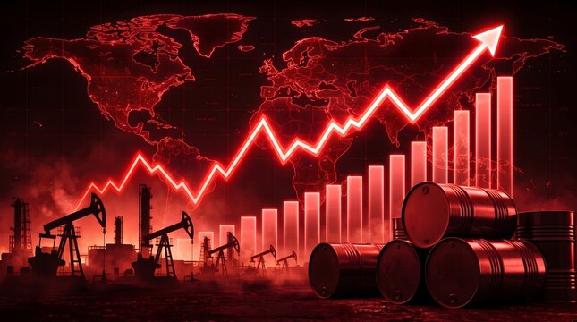 Global oil industry economic growth and rising prices concept with oil pump jacks barrels and upward trending stock market graph over world map