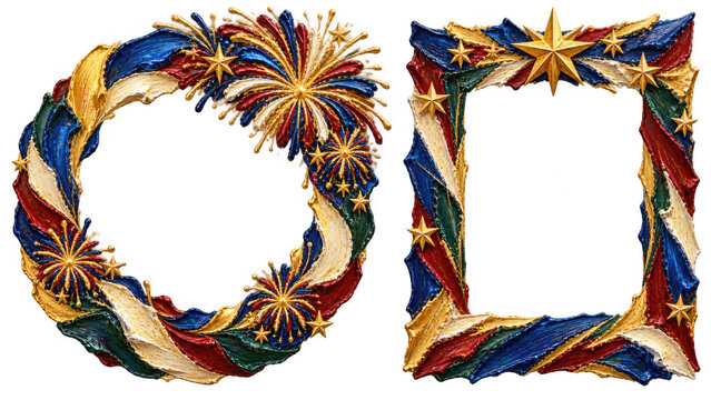 Festive Patriotic Wreath and Frame with Fireworks and Stars