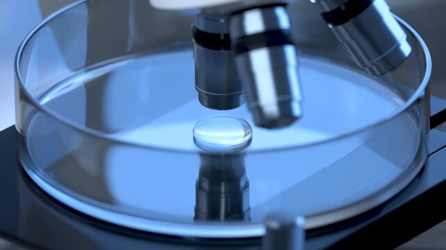 Microscope objective lens moving over petri dish in laboratory setting for scientific research.