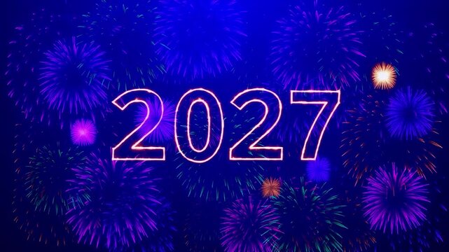 Vibrant animation of 2027 sparkling text with a spectacular colorful fireworks show against a dark blue sky.