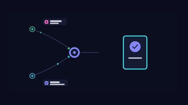 Seamless 4K looping animation of an abstract business metaphor: joint decision merging three votes. Flat vector shapes, glowing teal and turquoise details and dark interface cards with blank text plac