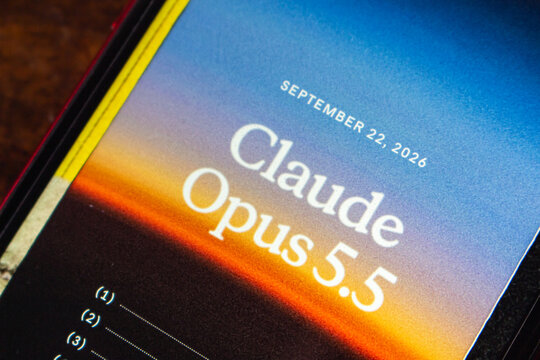 Quetzaltenango, GUATEMALA - Oct 2 2026 : Close-up of a smartphone showing a Claude Opus 5.5 announcement page, with a sunset horizon gradient in blue, orange and black.