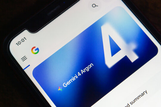 Quetzaltenango, GUATEMALA - Oct 5 2026 : Gemini 4 Argon Announcement on Google Blog Page, Smartphone Screen Close-Up